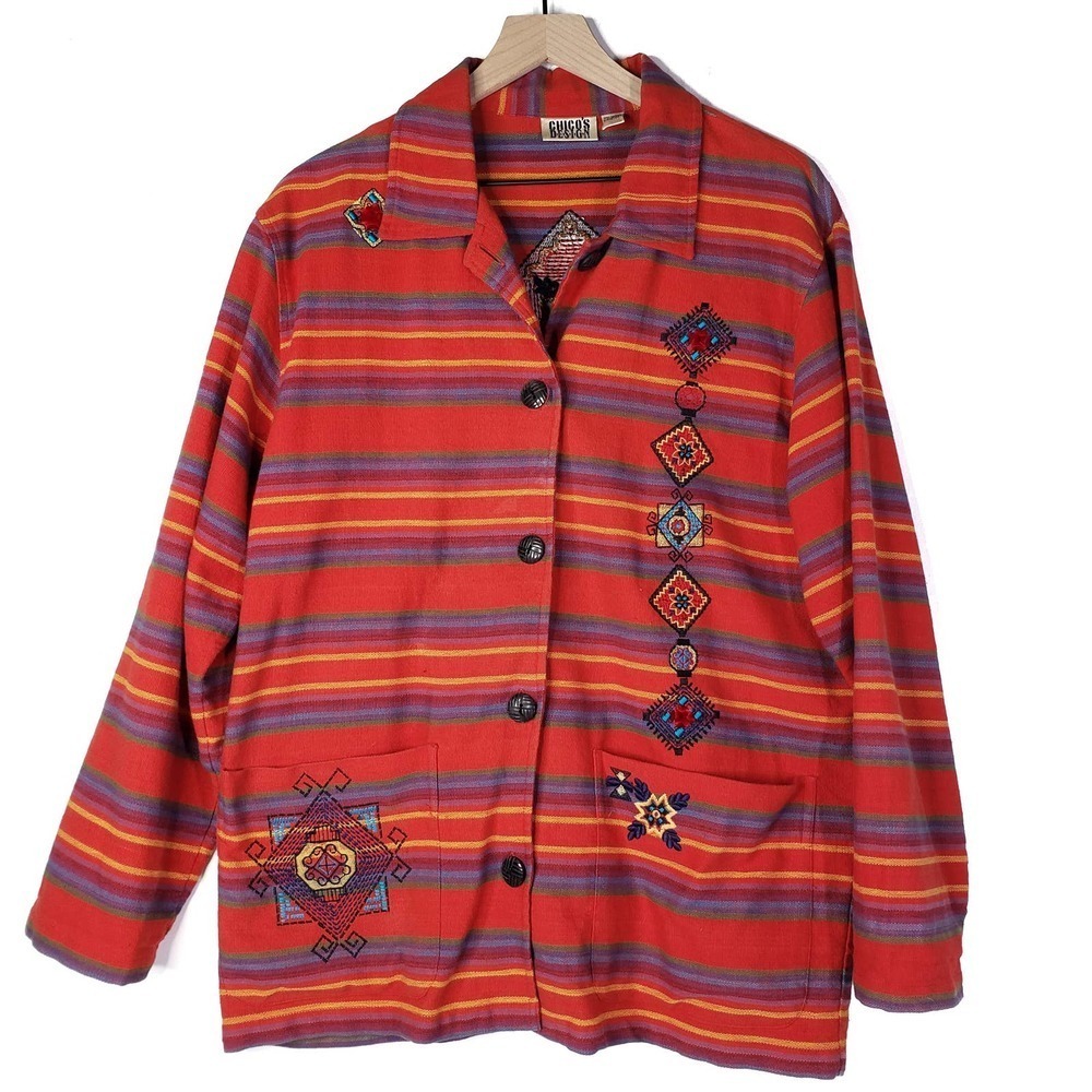 Vintage Chico's Design Boho Stripe Embroidered Button Front‎ Jacket Sz 1 M Red